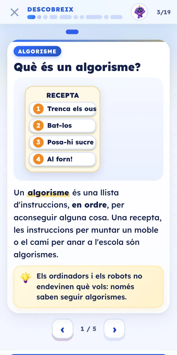 Una targeta de teoria de Numi Tech: què és un algorisme, amb l'exemple d'una recepta